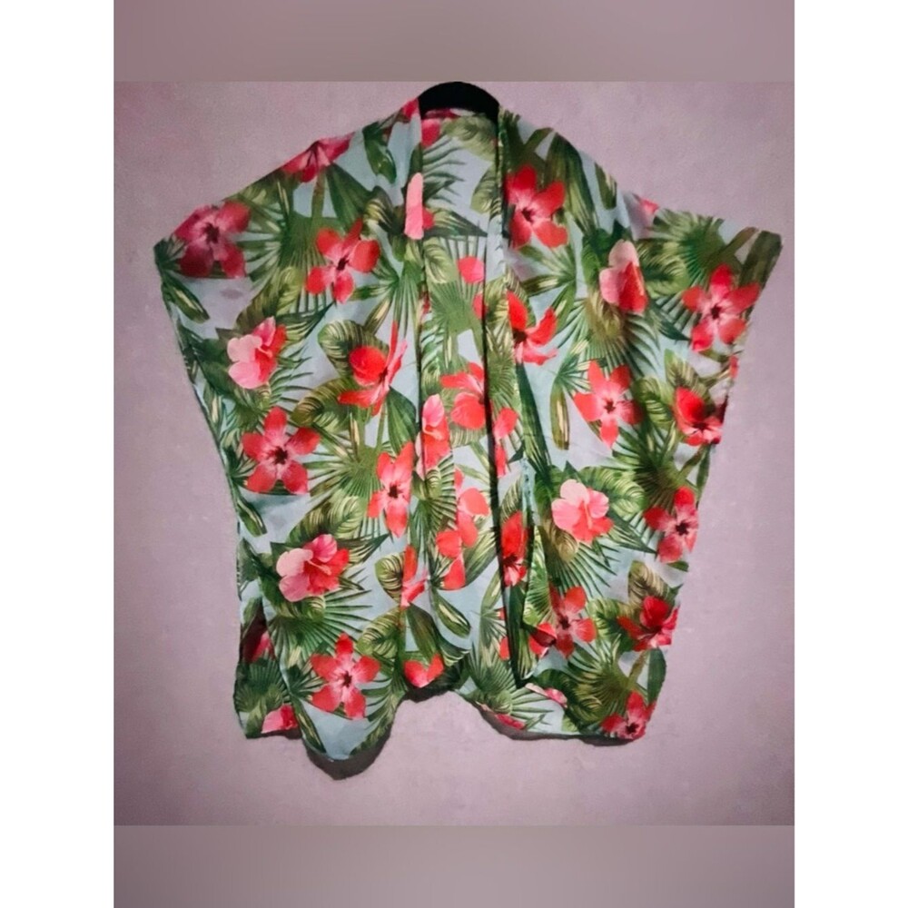 Tropical Floral Kimono Cardigan One Sz Hibiscus Palm Leaf Sheer Resortwear Blue - Picture 6 of 8